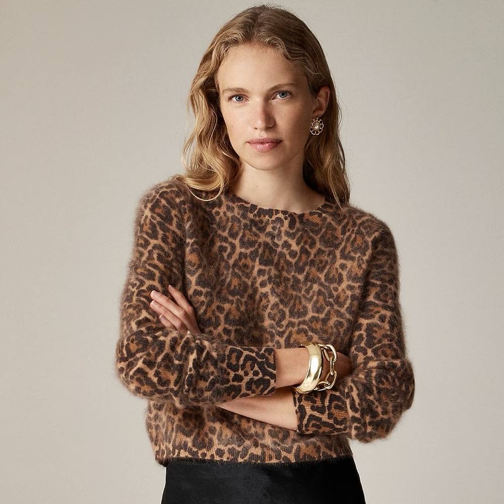 J. Crew Brushed Cashmere Leopard Print Crew Neck Sweater